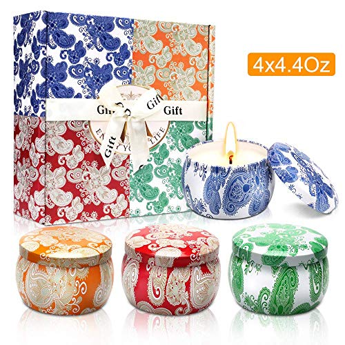 Scented Candles Gift Set, Natural Soy Wax Portable Travel Tin Candle Women Gift, Violet, Lavender, Cider Scent and Spring Fresh, for Stress Relief and Aromatherapy Set of 4 (4 x 4.4 Oz)