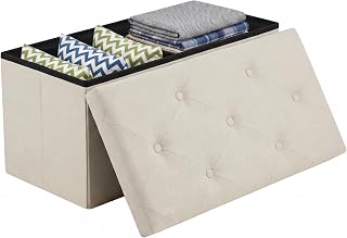 Sweetcrispy 30 Inch Folding Storage Ottoman Bench, Ottoman with Storage | Large Hidden Storage Chest with Padded Seat, Foot Rest Stool, End of Bed Bench for Bedroom, Living Room, Linen Fabric, Beige