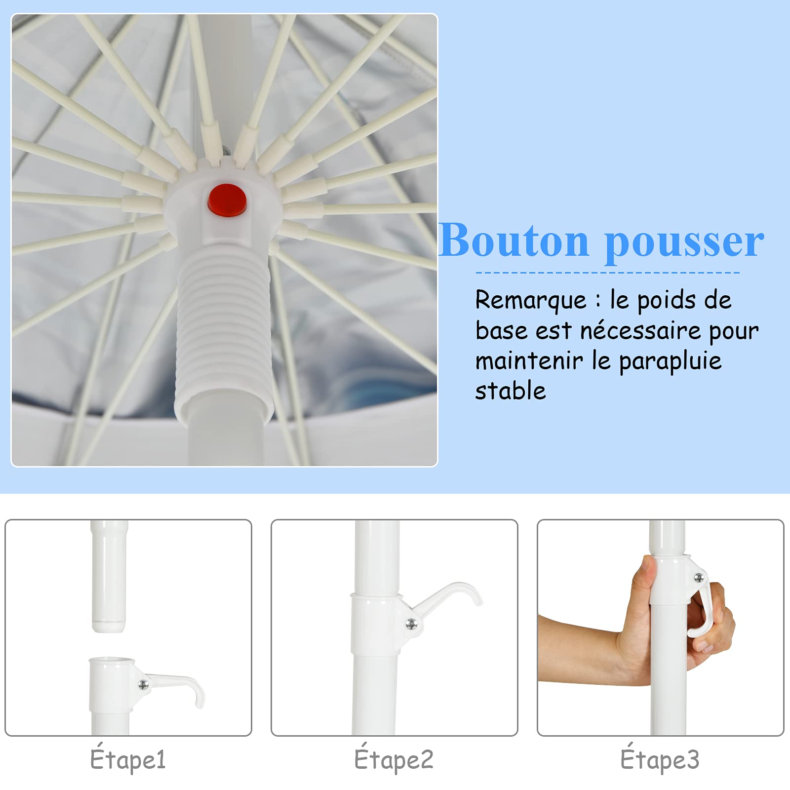 GOPLUS Parasol de Plage 2,43M, Parasol Inclinable avec Auvent Démontable, Sac de Transport, Anti-UV, pour Patio Balcon Piscine, H.185CM, Base Non Incluse (Bleu Clair)