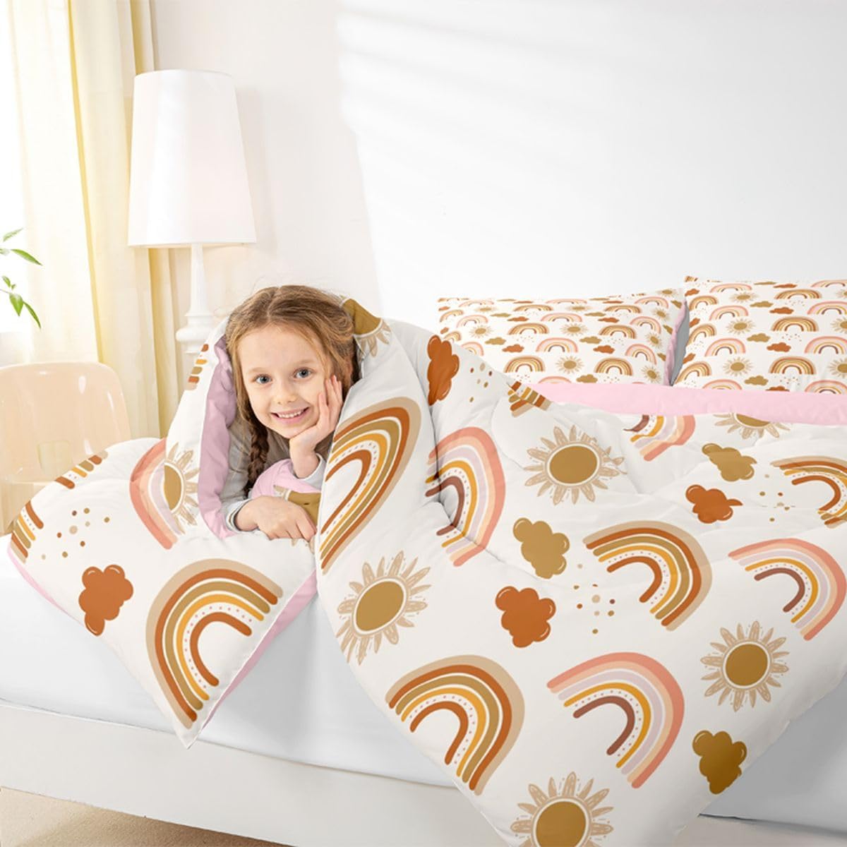 Erosebridal Cute Boho Rainbow Comforter Set for Boys Girls Bohemian Clouds Sun Bedding Full, Cartoon Rainbow Stripes Bedding Comforters Breathable Soft Quilt Duvet with 2 Pillowcases, Orange Beige