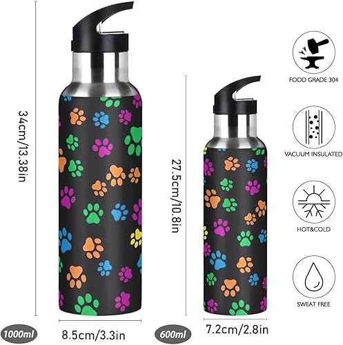 Miniatura 2 de Colorful Dog Paw Prints Stainless Steel Water Bottle 32 Oz, BPA-Free Sports Water Bottle with Straw Leakproof Water Bottles