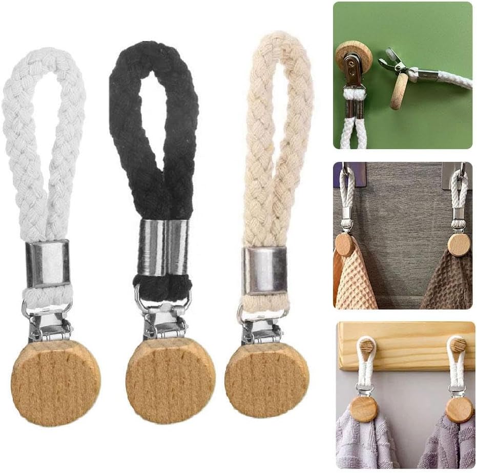 Hanging Tea Towels Clip,owel Clips with Ropes Kitchen Towels Clips,Multifunctional Bathroom Hook with Rope,for Home Kitchen Bathroom Cupboards Cloth Hanger Holder Brackets-Braided Cotton Loop