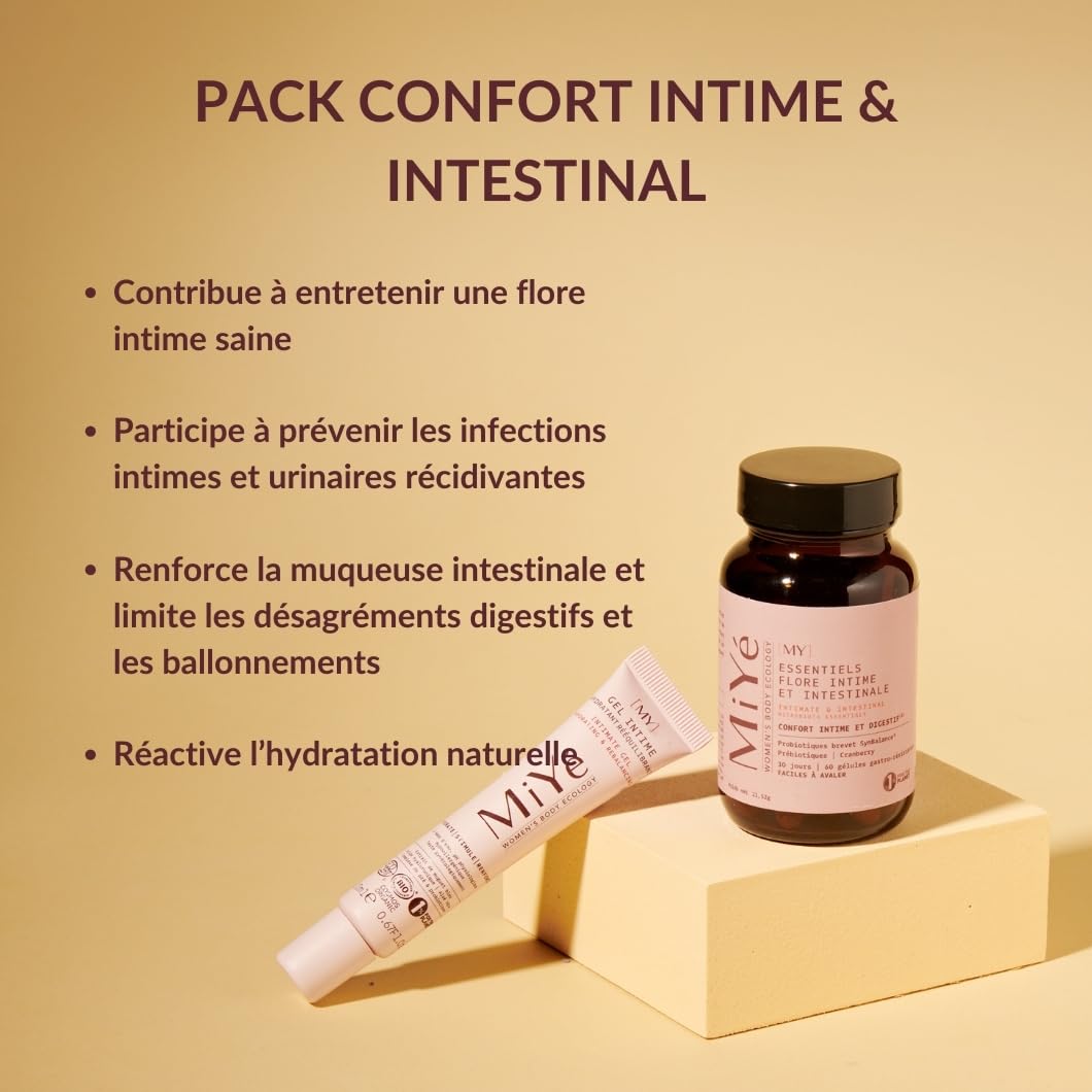 Pack probiotiques flore intime + Gel intime hydratant enrichi en acide hyaluronique & postbiotiques | Hydrate & rééquilibre le pH physiologique et la flore intime | MiYé