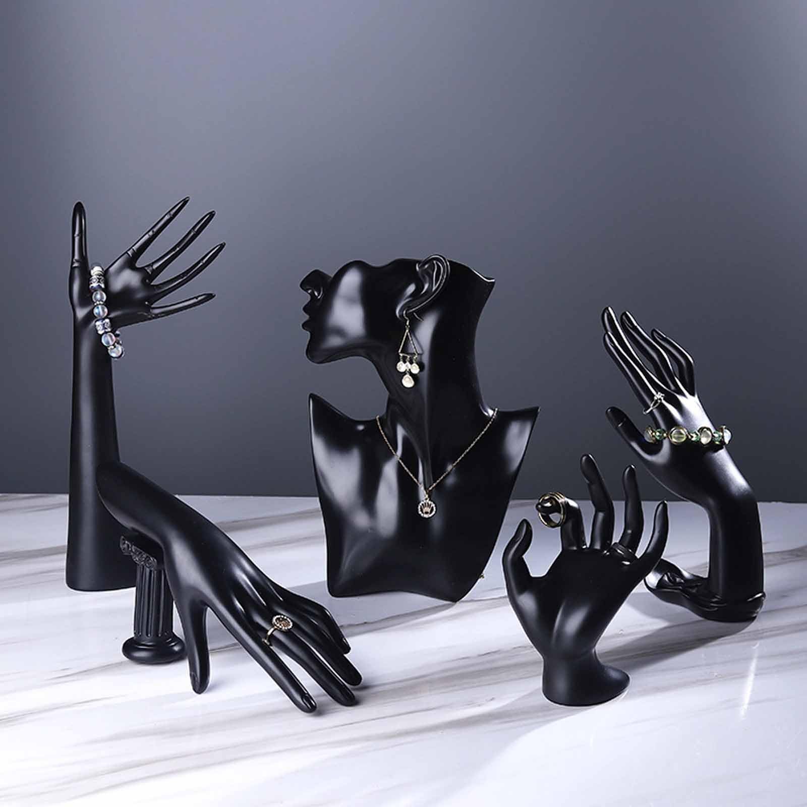 ZephPerton 5 Pcs Necklace Display Stand, Necklace Earring Bracelet Holder, 1 Bust For Necklace Earring & 4 Hand Stands For Ring Bracelet, Resin Material, Jewelry Display For Home & Vendors Black