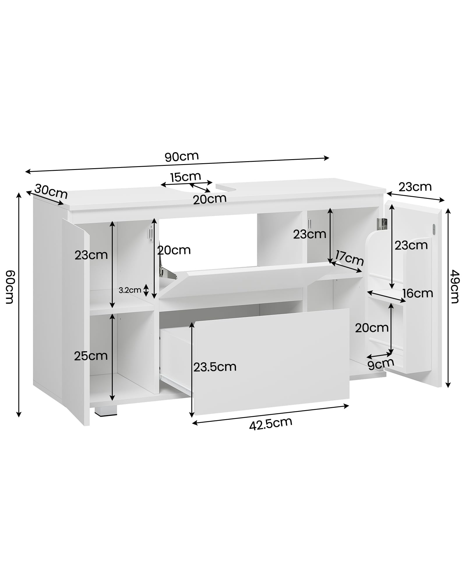 Mobile Sottolavabo per Bagno, Mobile da Bagno con Cassetti, Ripiani Regolabili, Molto Spazio, 90 x 30 x 60 cm, Bianco