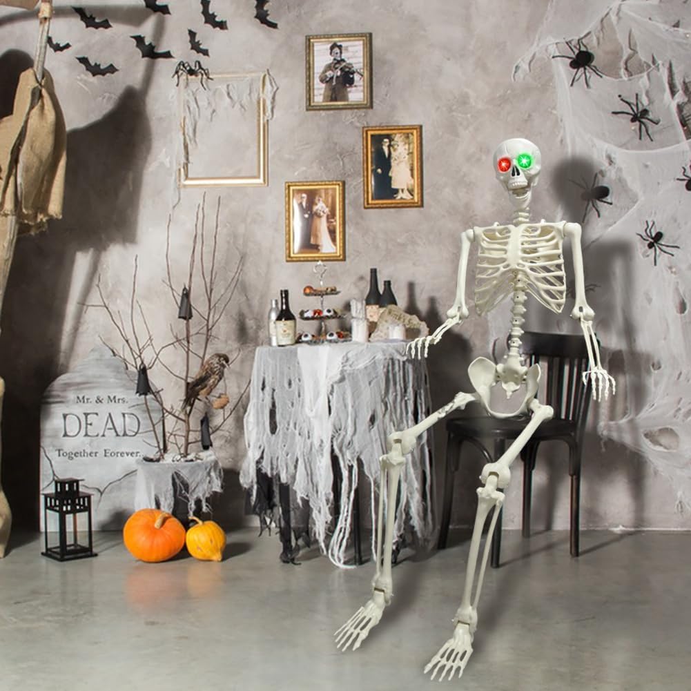 WODMAZ 5.4Ft Halloween Skeleton, Posable Life Size Skeleton with Glowing Eyes Creepy Sound, Plastic Skeletons with Movable Joints for Graveyard Prop, Indoor Outdoor Haunted House Party Decor
