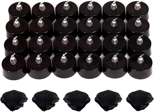 Miniatura 6 de LANKER 500 pétalos de rosa artificiales negros con 24 velas de té sin llama parpadeantes a pilas negras (velas de té negras con pétalos de rosa