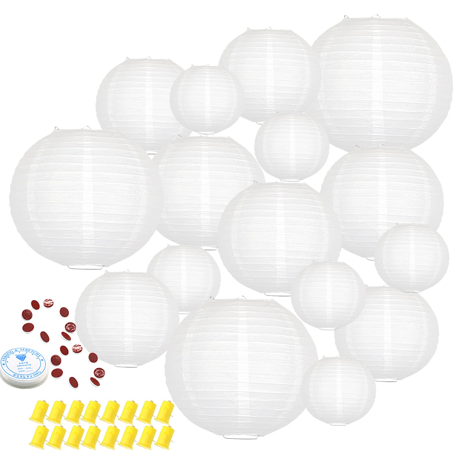 Hanging Paper Lanterns Decorative, White Chinese Paper Lanterns Ceiling Party Decorations with 16 LED Lights for Baby Shower Wedding Anniversarie Graduation Engagement Valentine's Day, Pack of 16