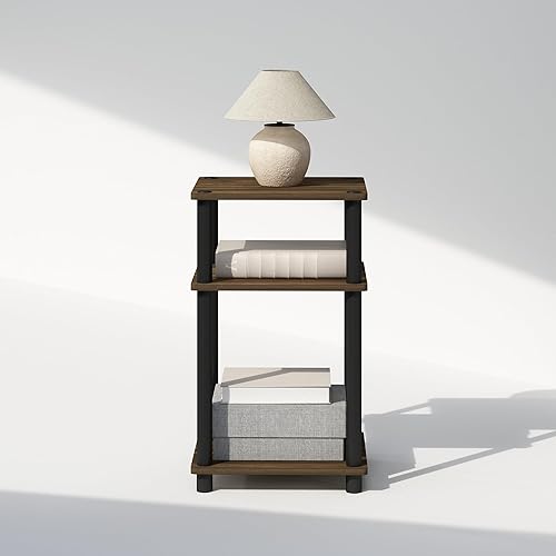 Miniatura 6 de Furinno Just Turn-N-Tube - Mesita de noche de almacenamiento abierto de 3 niveles, 1 unidad, con postes de plástico, nogal Columbianegro