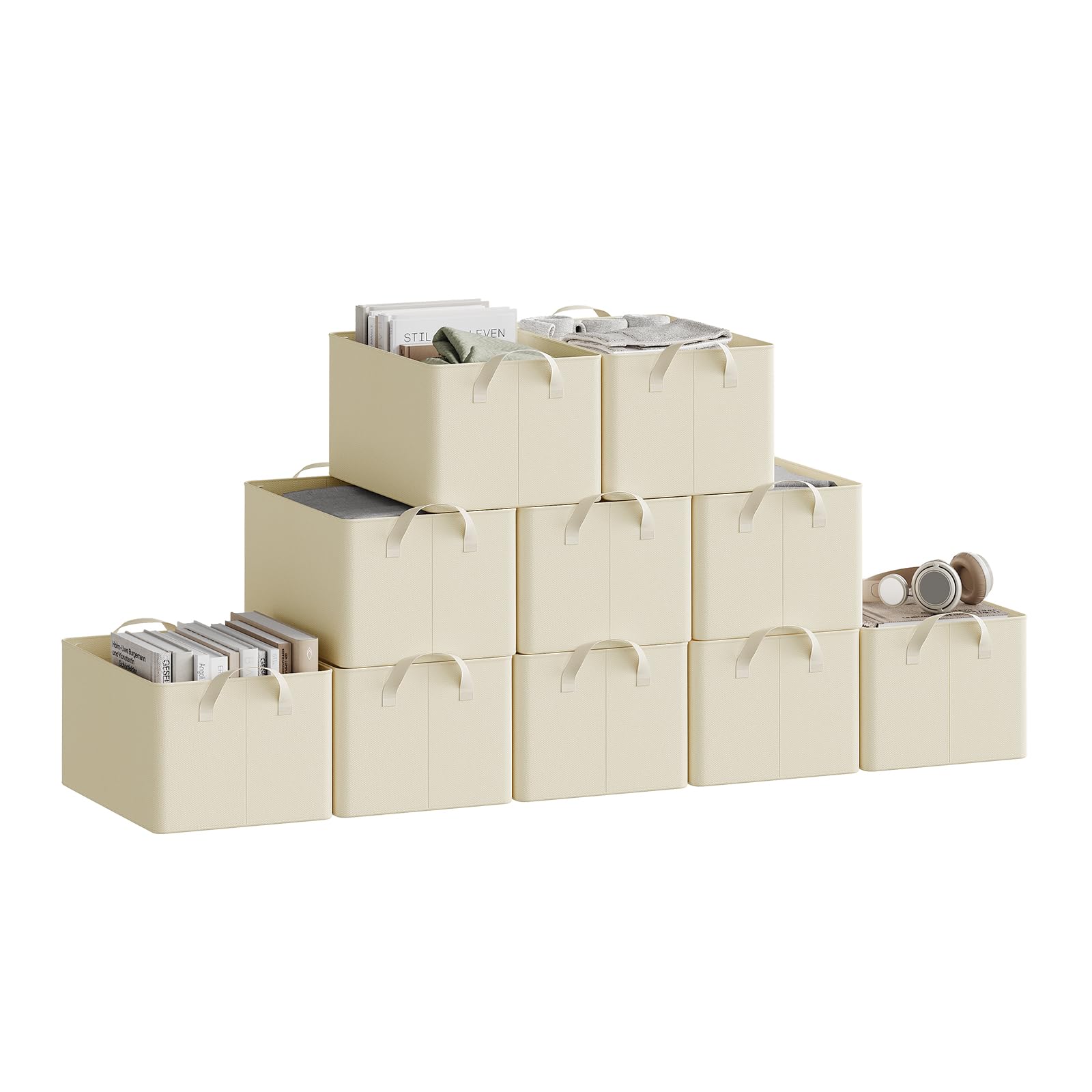 Woltu Cream Set Of 10 Foldable Storage Boxes, Fabric Storage Baskets With Handles, Wardrobe Storage Organisers, Clothes Storage Boxes For Shelves, 37.5X26x20cm