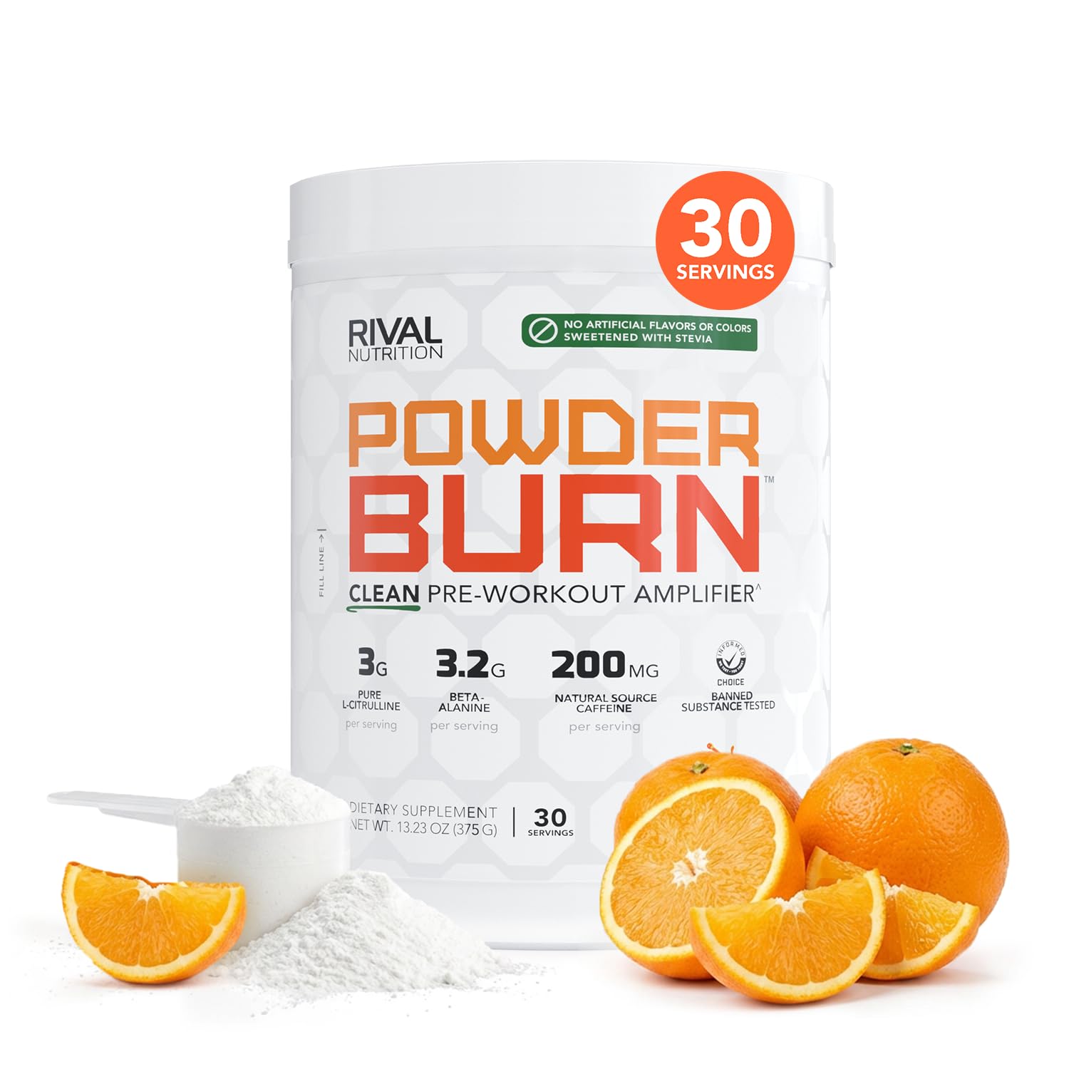 Rival Nutrition Powder Burn Clean Pre-Workout (Juicy Orange, 30 Servings)