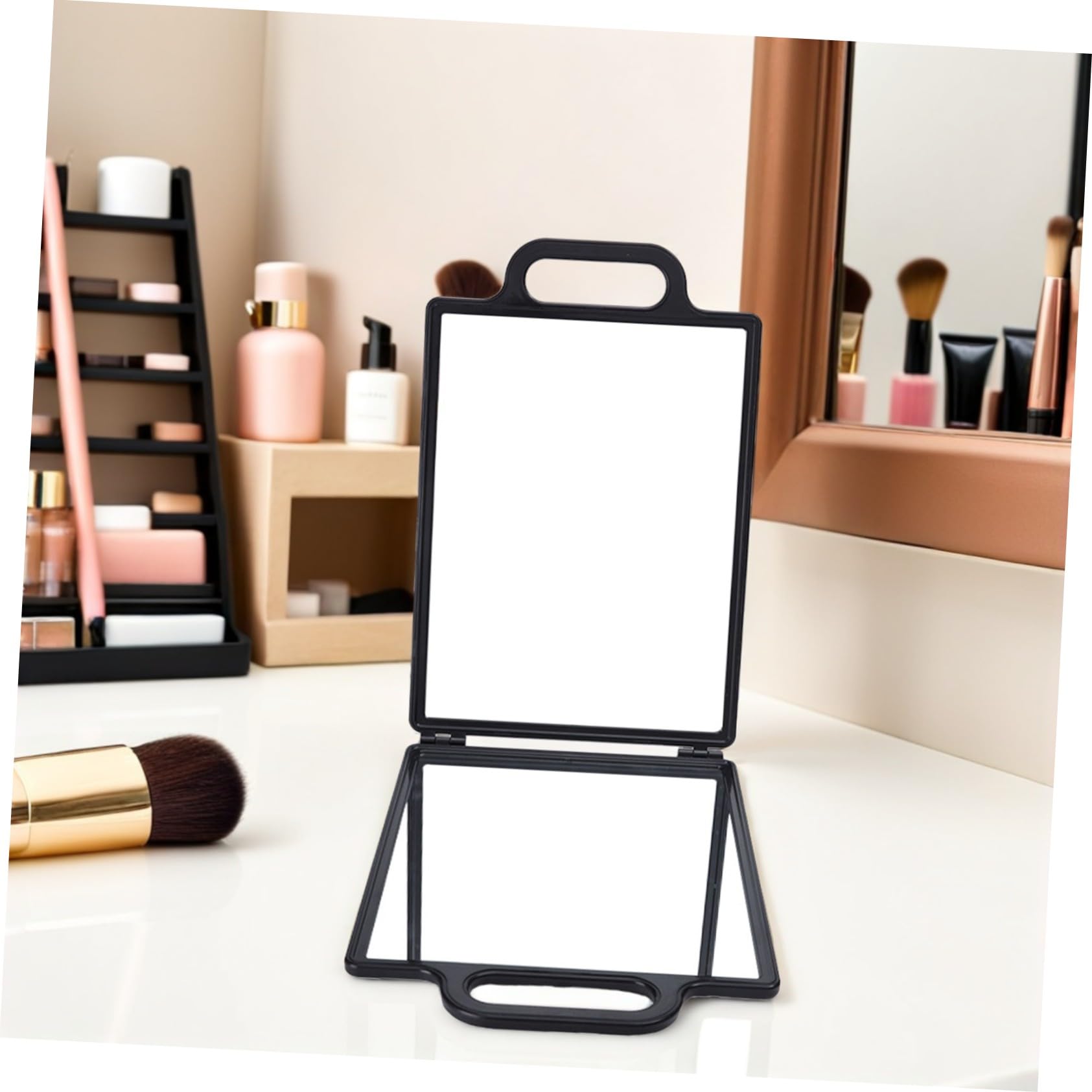 ABOOFAN Friseursalonspiegel Zufälliger Stil aus Glas und Kunststoff Doppelseitiger Klappbarer Ergonomisch Geformt Schwarz für Haarschnitt und Styling im Salon