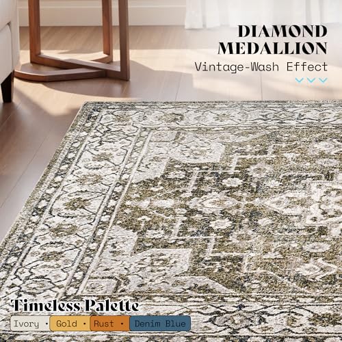 Image of AMERLIFE 5'x8' Wilton Collection Area Rug, Durable Low Pile Non-Slip Washable Rug for High Traffic Areas, Distressed Floral Pattern Vintage Rug for Living Room, Bedroom, Dining Room,Light Green