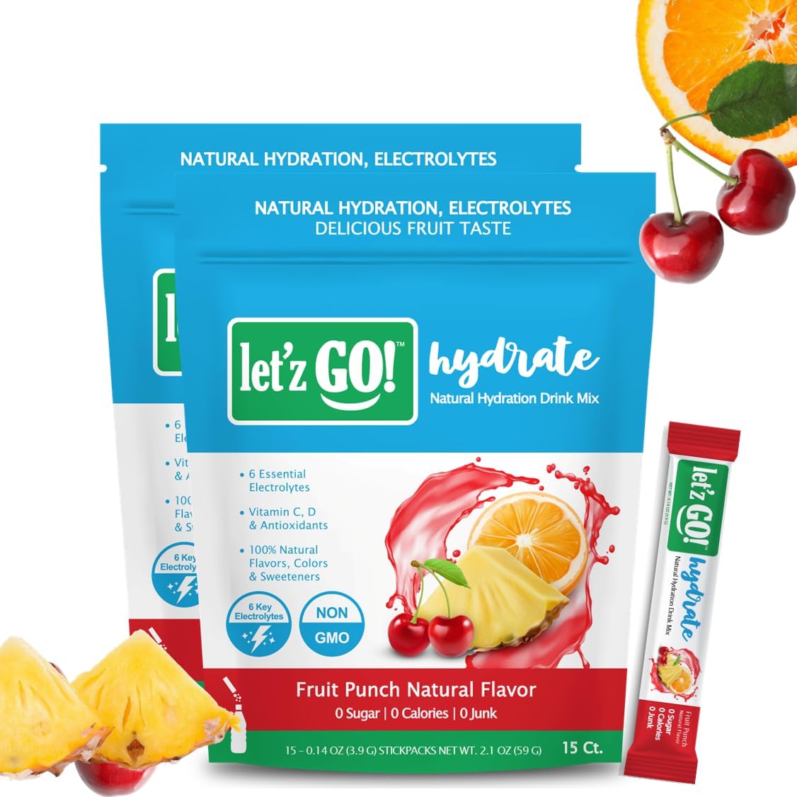 Let'z Go! Hydrate - Electrolyte Drink Mix- Hydration + Electrolytes + Antioxidant Powder Packets, Natural Flavors, Vitamins C + D | No Sugar | No Calories | (15 Count) Fruit Punch - Pack of 2