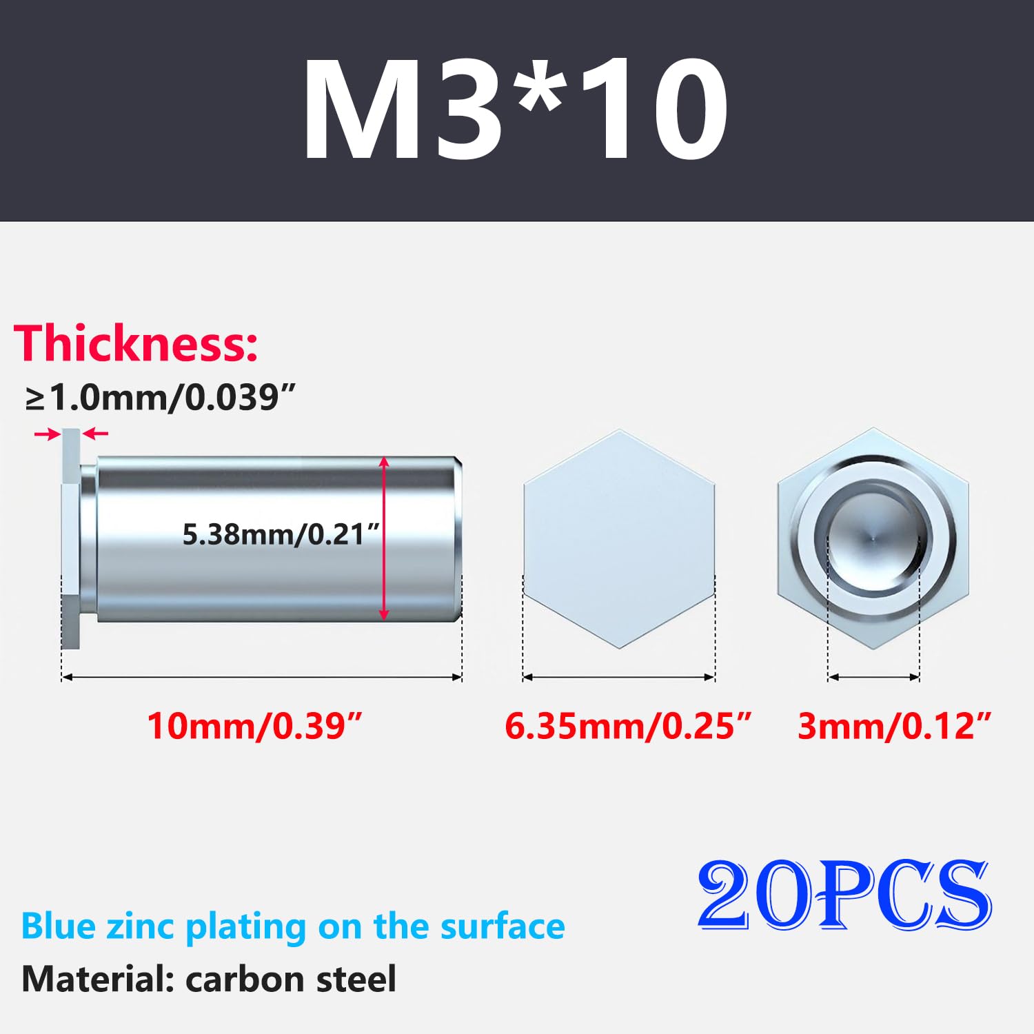 Ctyjia 20 Pcs M3x10mm Rivet Insert Nut, Hexagonal Internal Thread Barrel Nuts, Carbon Steel Cylindrical Nut Locking Screws or Bolts - Image 2
