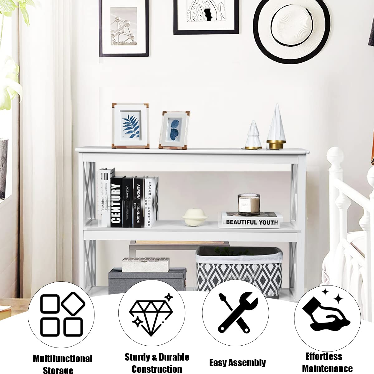 LIFEZEAL Tavolo Console A 3 Livelli In Legno - Stretto, Con Cassetto E Antiribaltamento, Salvaspazio Per Ingresso, Corridoio, Soggiorno - Nero, 120x30x81 Cm, Portata 60kg