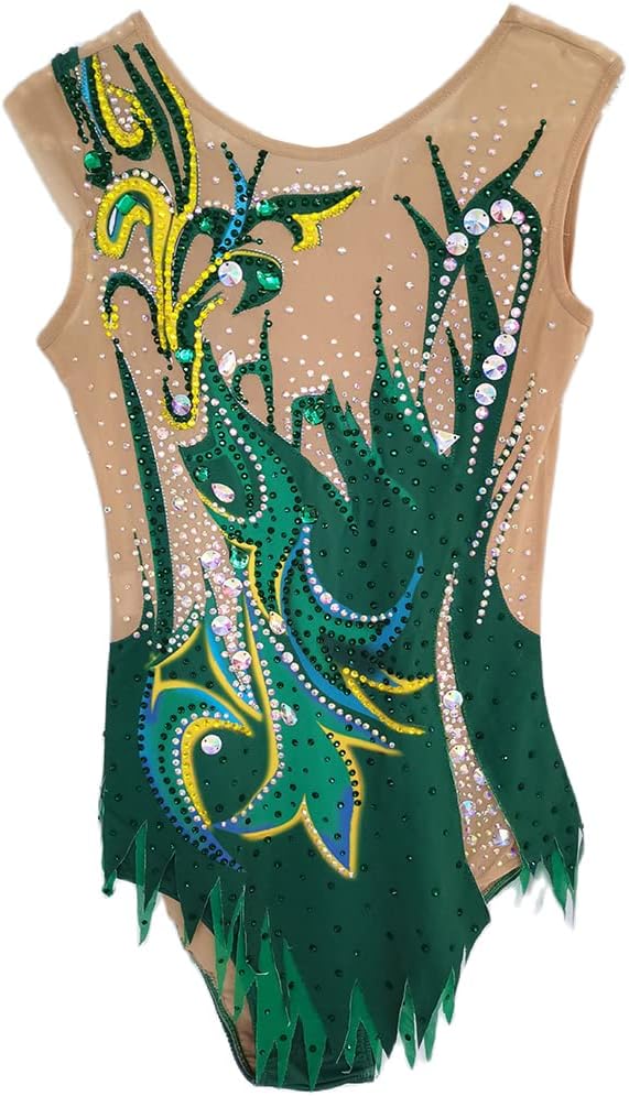 LIUHUO Rhythmic Gymnastics Leotard Green Print Full Diamond Girls Sleeveless Competition Performance