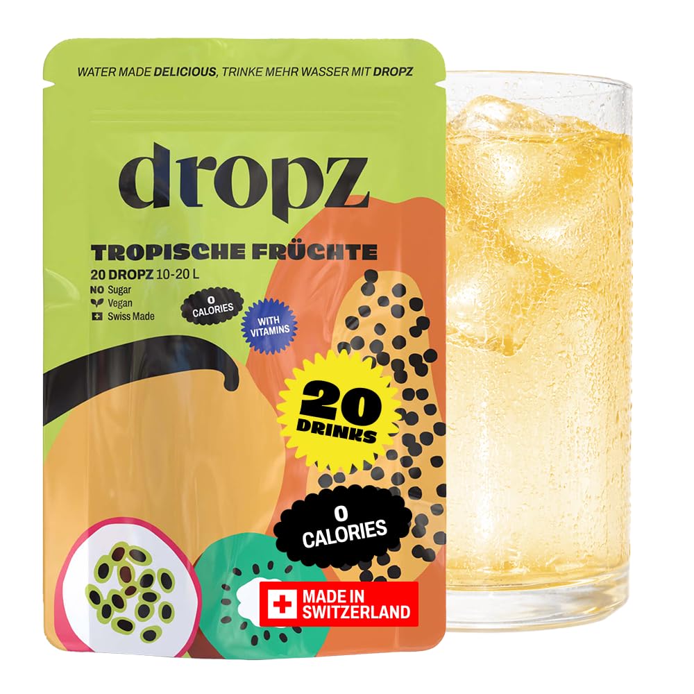 dropz Tropische Früchte (20 Flavour Drops für 10–20 L) – Ohne Zucker & Kalorien – Vitamin‑Boost C B6 B9 B12 – 100% natürliche Aromen – Vegan, ohne Sirup & zuckerfrei