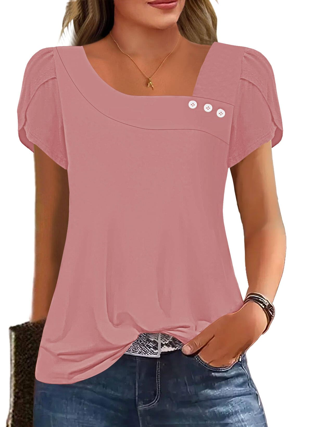 Womens Petal Sleeve Tops Summer Trendy T Shirt Casual Loose Square Neck Button Blouse Tees