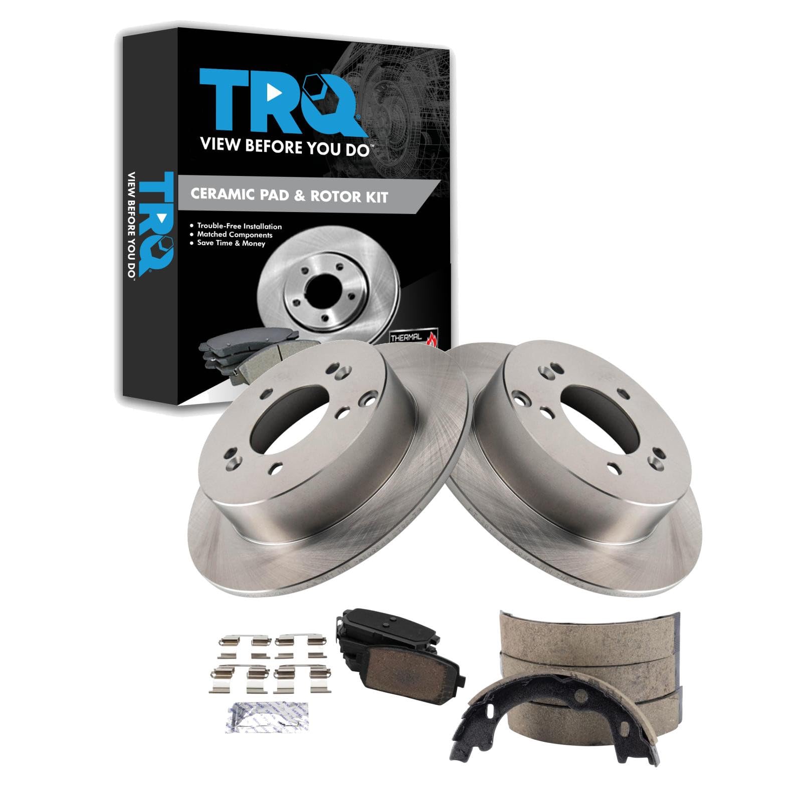TRQ Rear Brake Pad and Rotor Set Ceramic Parking Shoes Compatible with 2007-2010 Kia Rondo