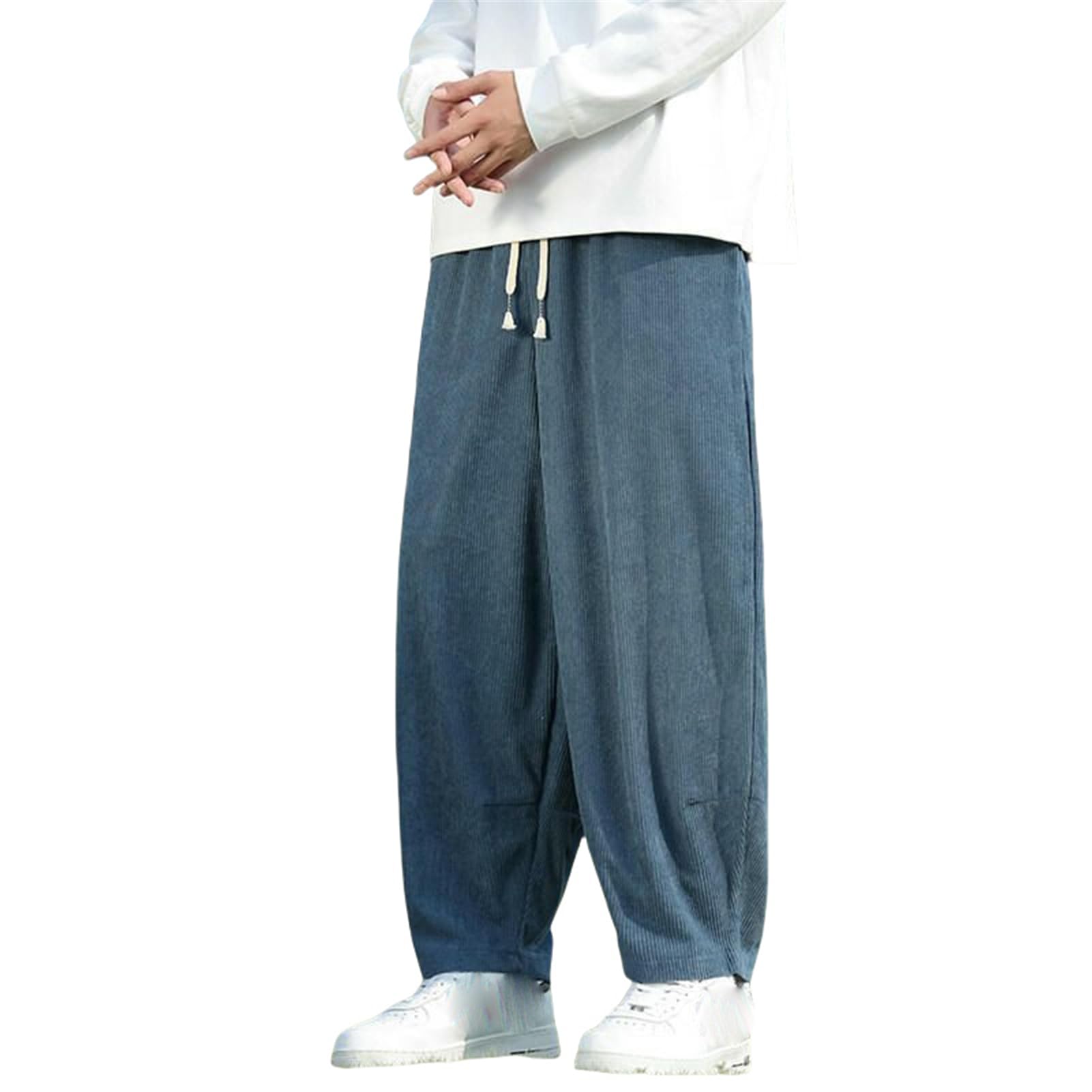 Pantaloni da uomo in velluto a coste stile cinese retrò cintura a contrasto vestibilità ampia coulisse gamba dritta pantaloni per abbigliamento quotidiano streetwear
