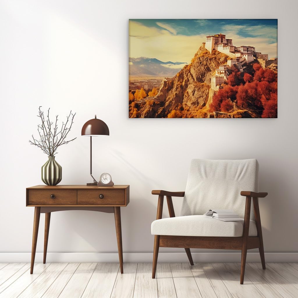 Canvas for Living room. Majestic Potala Palace Amid Autumn's Radiance - A Tibetan Treasure Against the Blue Sky, 27 x 18 inch Canvas Wall Art - Ready to Hang - 69x46 cm (27x18 inch)