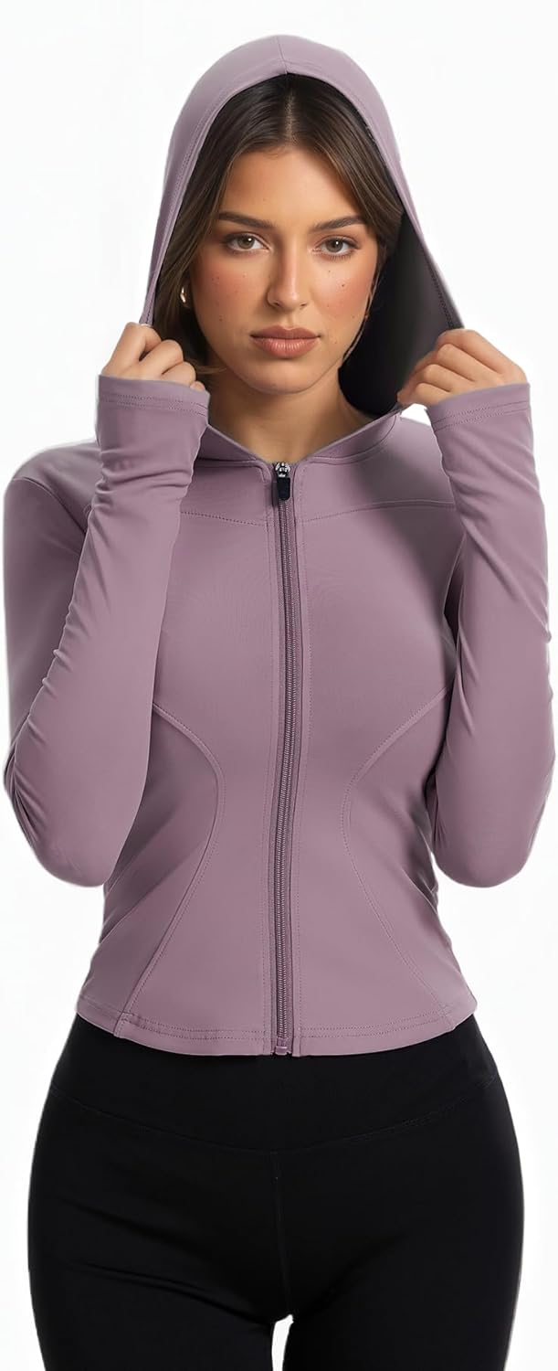 Women Bbl Jackets with Hood Compression Workout Tops Lined or Unlined Lightweight Yoga Gym Jacket with Thumb Hole - Image 2