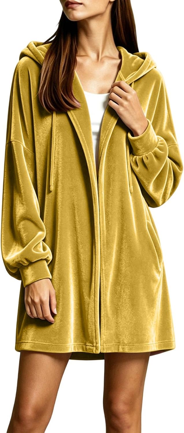 Women's Velvet Hooded Cardigan Long Sleeve Casual Longline Jacket