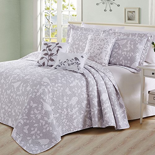 Home Soft Things Birdsong Bedspread Set, Soft Lightweight Reversible Quilt Coverlet Bedspread Bedding Set Cover For All Season, Oversize 122" X 106", Grey #TOP2