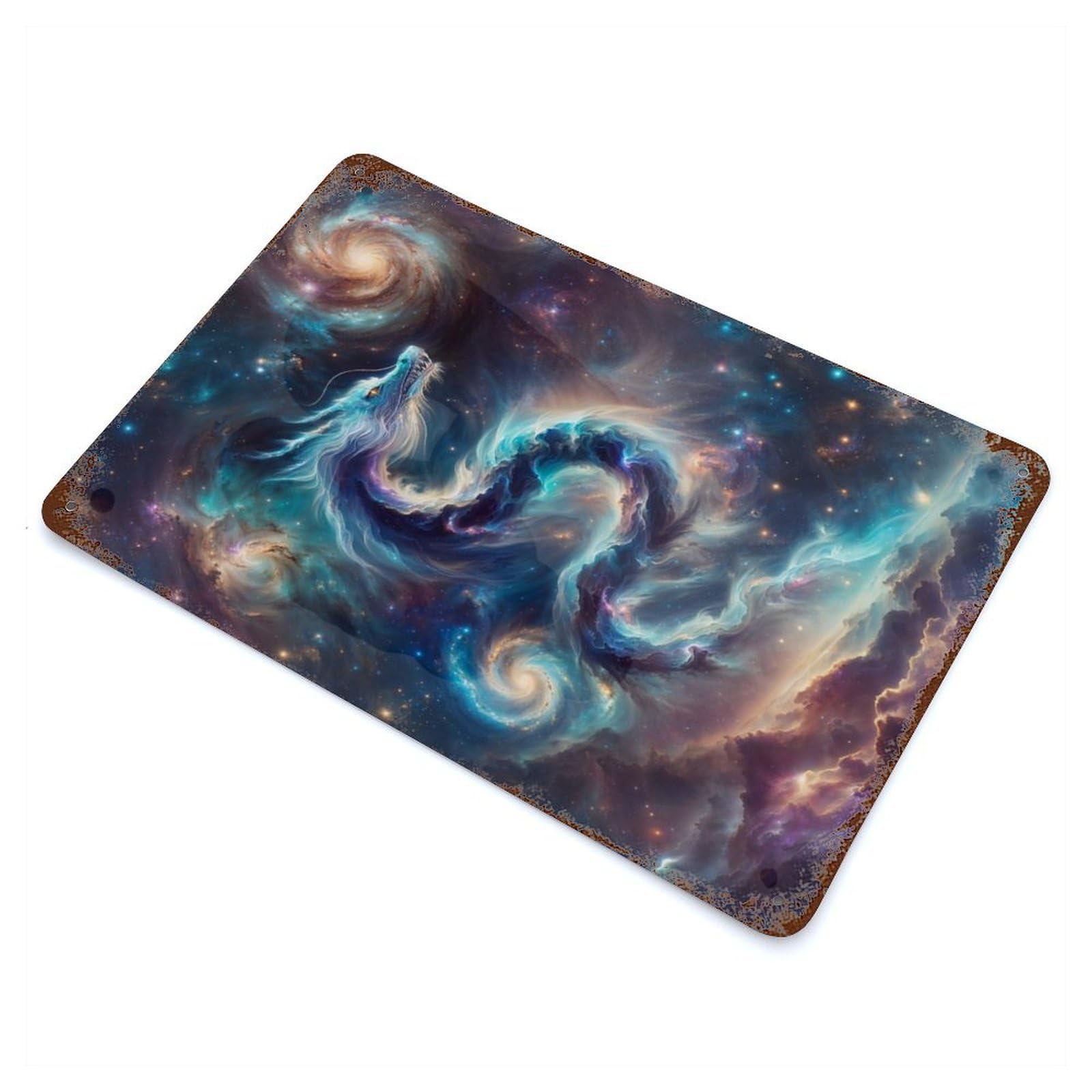 Weathered Tin Sign with Celestial Stardust Dragon Design 11.8"x7.9", for Garage, Bar And Workshop Decor, Decorative Metal Wall Art