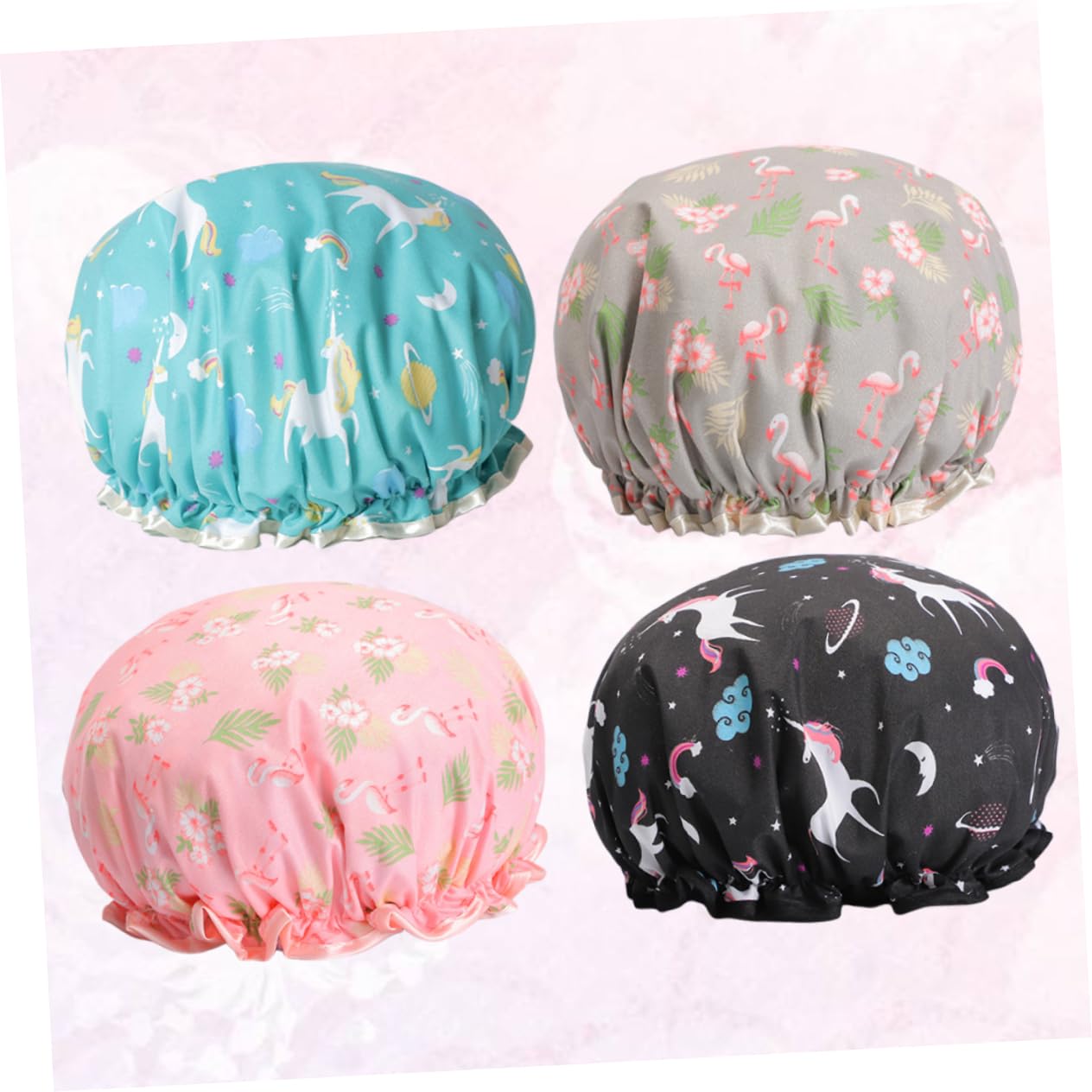Healeved 12piezas Gorros De Impermeables Para Mujeres De Diseño De Flamenco Rosa y Pegasus Azul Accesorios De Baño Duraderos y Elásticos Para Spa y Viajes