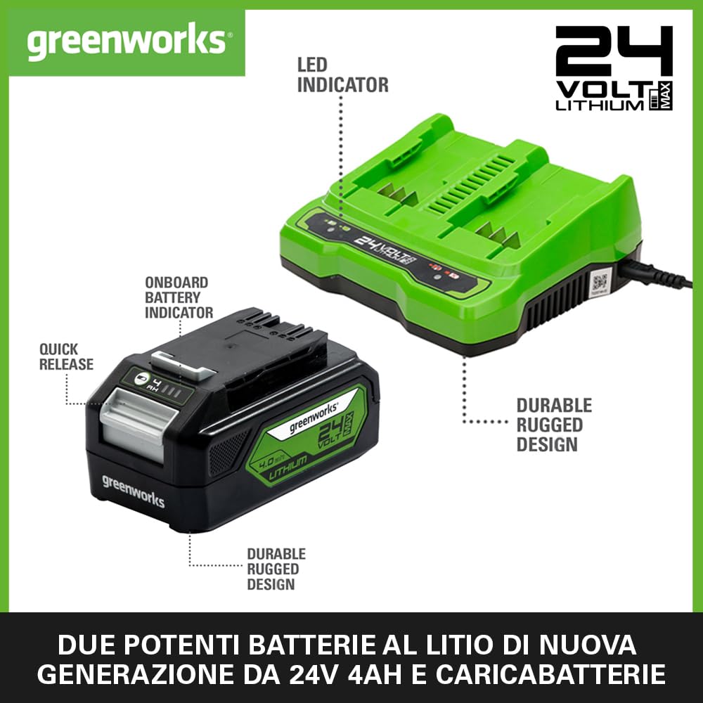 Greenworks Batterie 24V e Caricabatterie Doppio Slot - Due Batterie Ricaricabili 4Ah per Tutti gli Elettroutensili Greenworks 24V, Uscita 48W Tensione 4A, Carica Singola in 60 Minuti - G24B4 & G24X2C
