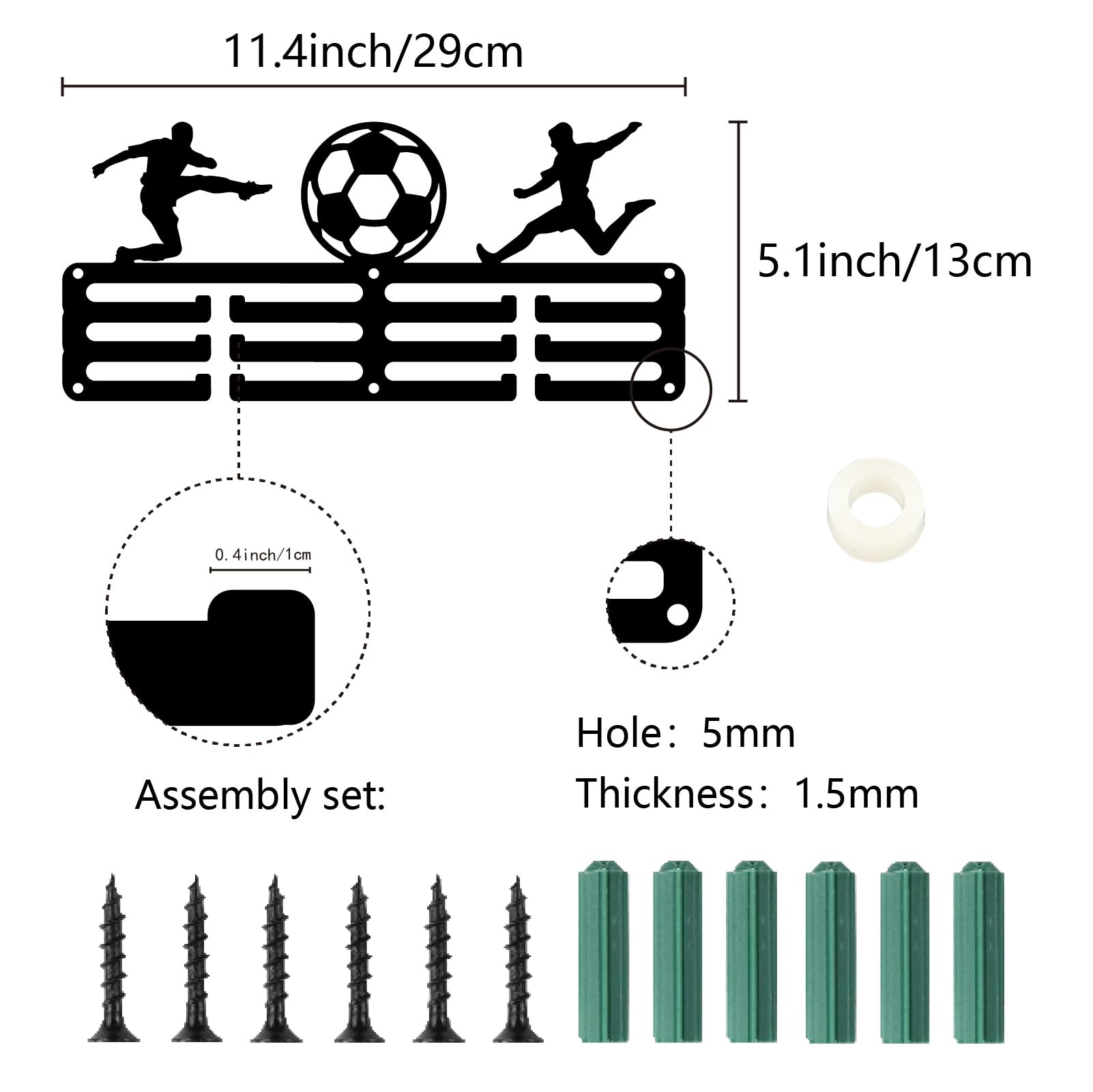 CREATCABIN Porta Medaglie da Calcio Appendiabiti per Medaglie Sportive Display Gara Competizione Vittoria Premi Organizzatore di Nastri Piccolo Telaio in Metallo Nero Appendere 40+ medaglie 29x13cm