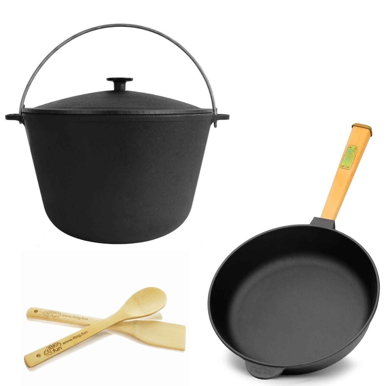 8L Touristenkessel Deckel Ø28 cm Pfanne Gusseisen Gusseisenpfanne Schwenktopf Kessel - Campingtopf Küchenhelfer Bambus Set