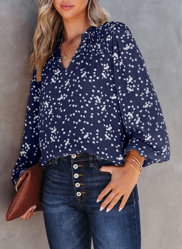 Dokotoo Women's Casual V Neck Alicia Floral Print Smocked Long Sleeve Chiffon Blouses Bohemian Top Shirts - Image 4