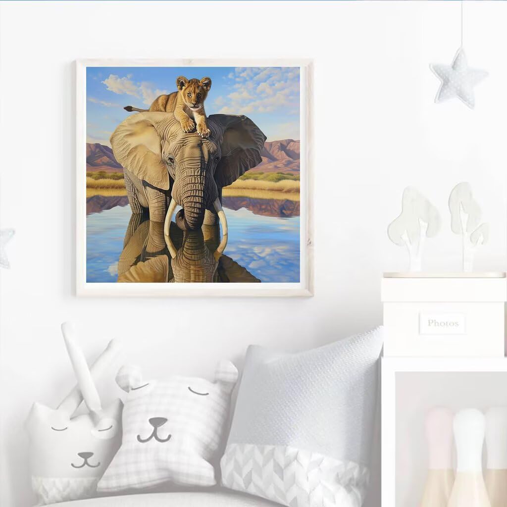 DIY Elefant Diamond Painting Erwachsene, 5D LöWe Diamant Painting Bilder Kinder Anfänger, Mosaik Bastelset Erwachsene Diamanten Malerei Stickerei Kreuzstich Geschenk Home Wand Dekor 80x80 cm V-127