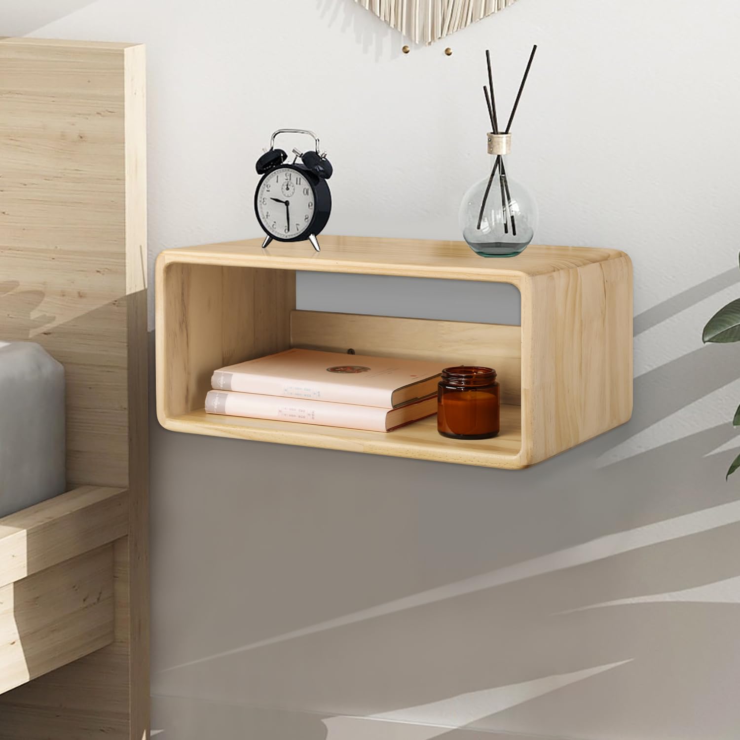 WDSHIYI Floating Bedside Table,Wall Mounted Nightstand，Wood Bedside Shelf, Floating Shelves for Bedroom, Living Room, Bathroom, Kitchen, Office 43 x 19 x 25 CM Natural — image 1