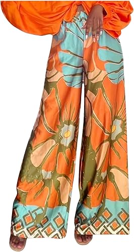 Pantalones bohemios para mujer, de cintura alta, diseño floral, ligeros, de pierna ancha, de lino, algodón, para la playa, palazzo