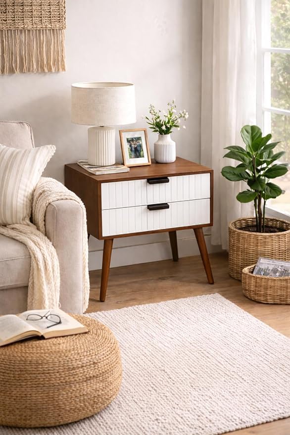 Nightstands End Side Table Solid Wood Legs,for Bedrooms,Bedside Table, Storage Box,Large Lattice, More Storage Space, 2 Drawer Designs (Brown & White)-image-23