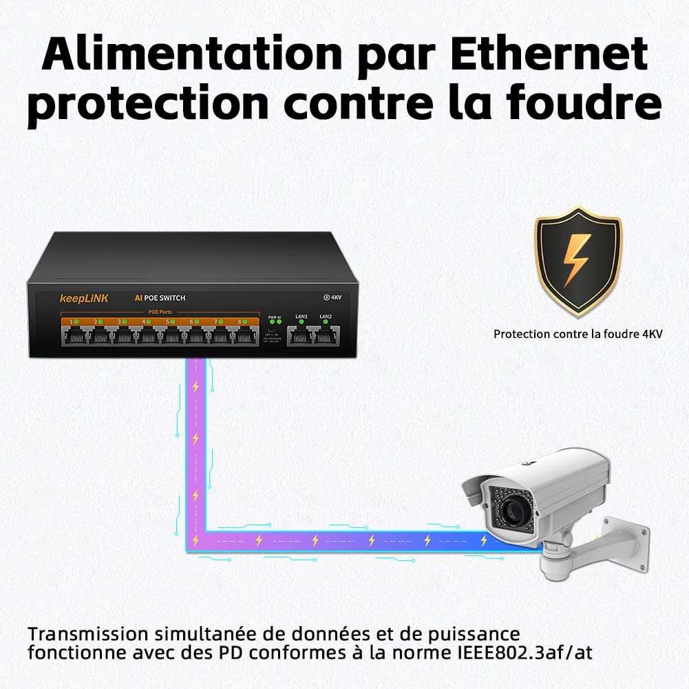 10 Port Gigabit PoE Switch, 8 Ports 1000Mbps PoE+, 2 Ports 1000Mbps Uplink, Puissance intégrée de 120 W IEEE802.3af/at, Plug and Play Non géré en métal sans Ventilateur