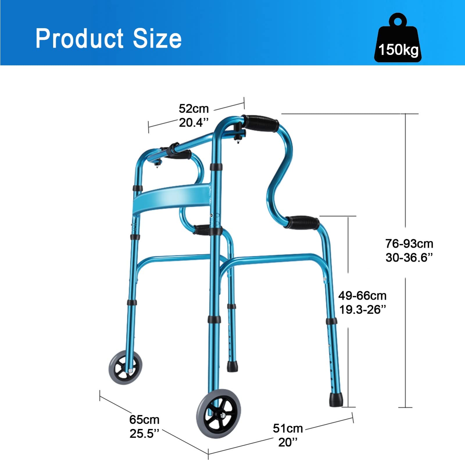 Deambulatore Per Anziani,Pieghevole Con 2 Ruote Supporto Per Camminare,Walker Pieghevole Regolabile In Altezza In Alluminio,Antiscivolo Deambulatore Rollator, Stabile, Fino A 150 Kg