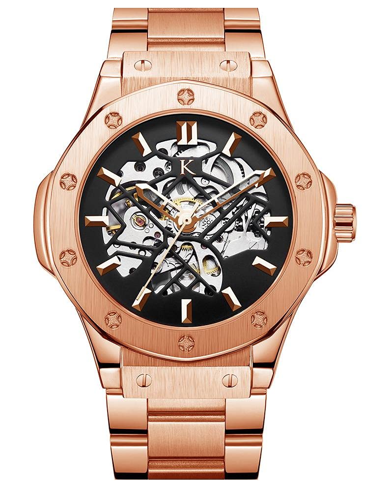 Kredo Men DEDON Rose Gold Mechanical Automatic Skeleton Analouge Water Resistant Stainless Steel Wrist Watch-KW117 | Black Round Dial Silver Strap | Designed in Amsterdam (B09HPZPND3) Amazon Price History, Amazon Price Tracker