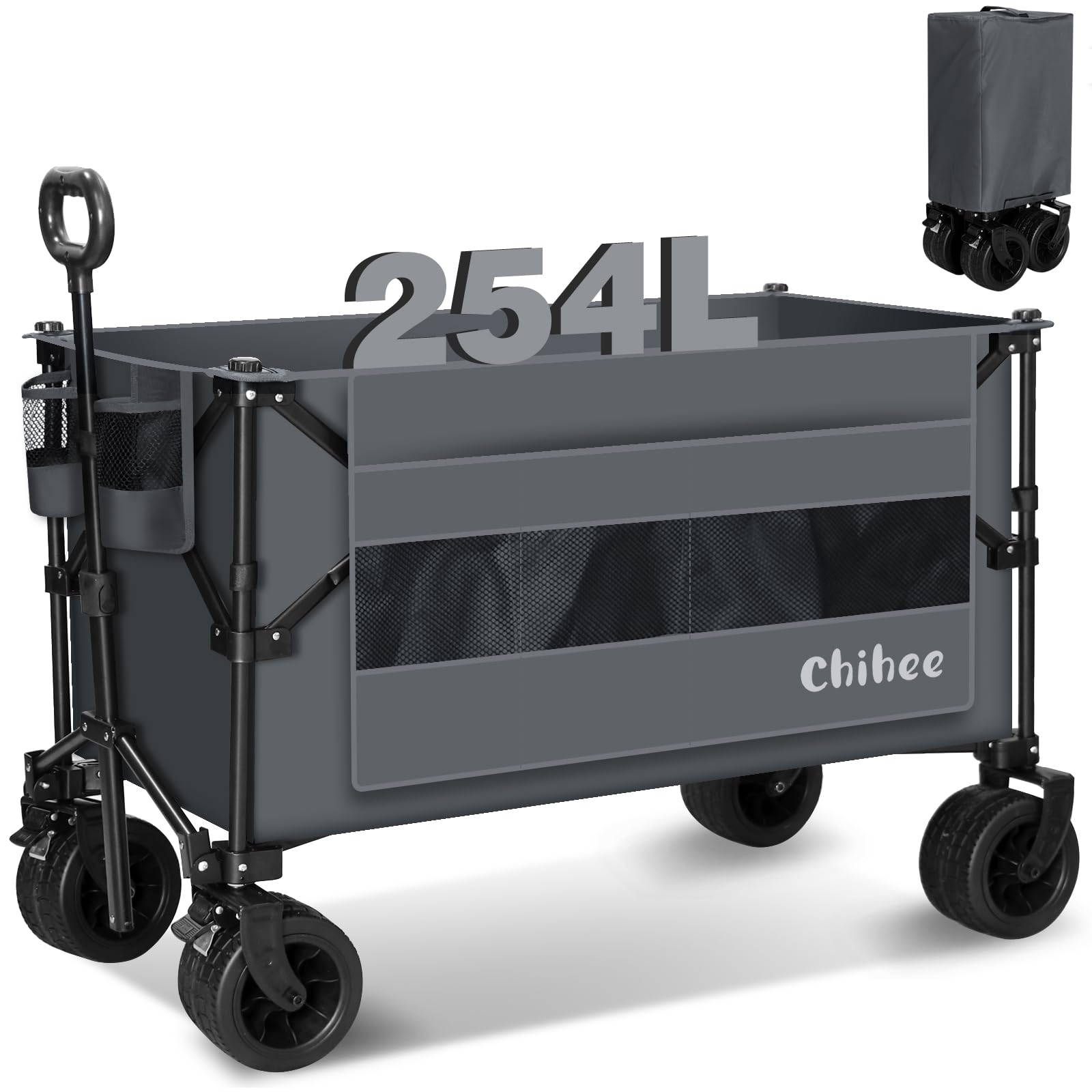 Chihee Utilità Carrello per vagoni,Carrello da spiaggia pieghevole Grande capacità 254L,Portatile Carro Ruote per tutti i terreni Tasca laterale sovradimensionata 2 portabevande per il campeggio