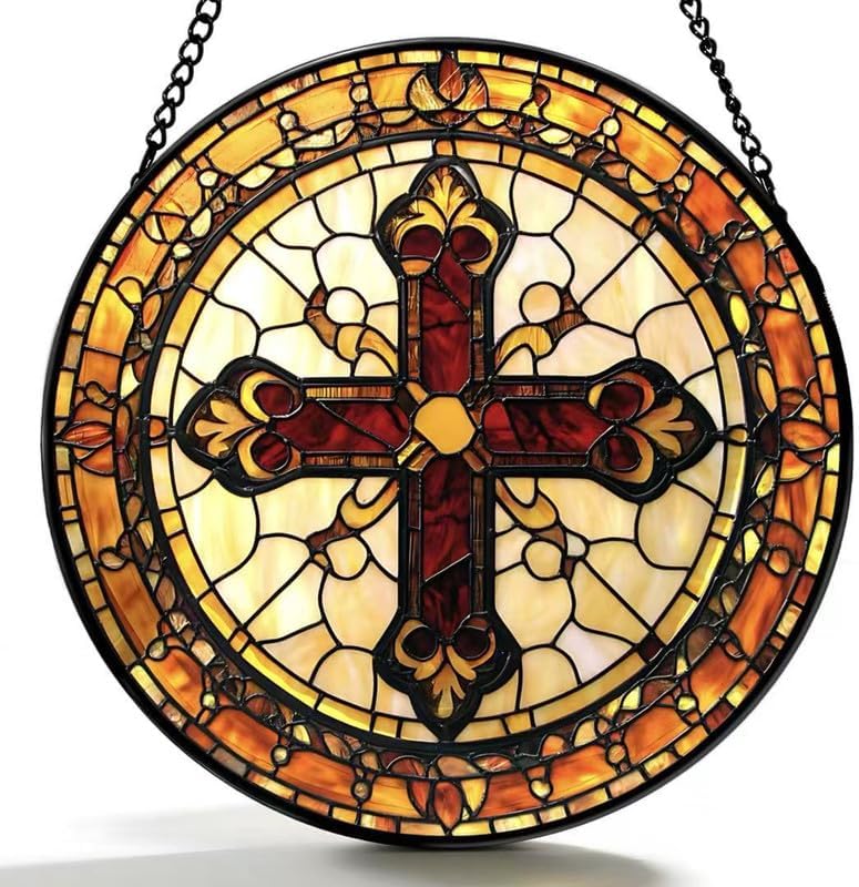 Stained Glass Cross Suncatcher for Window – Christian Tiffany-Style Religious Hanging Panel, Decorative Glass Window Art for Home, Prayer Room, Church, Faith-Inspired Gift