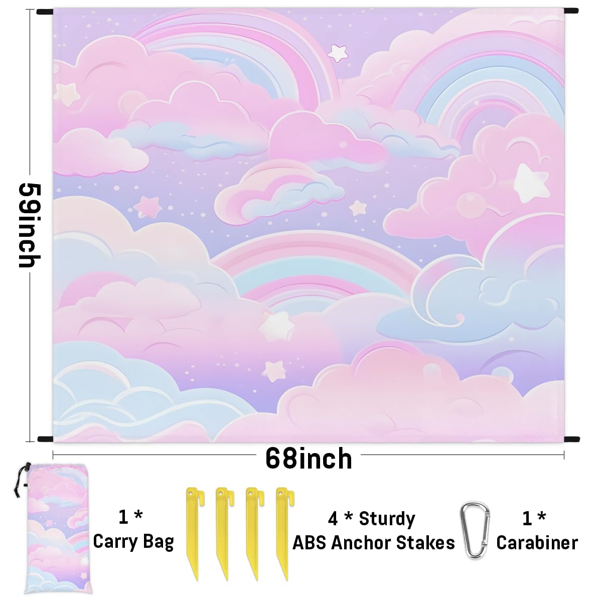 Eabrults Waterproof Sandproof Beach Blanket, 59''×68'' Starry Night Polyester Outdoor Picnic Blanket with 4 Stakes & Storage Bag for Beach,Camping,Vacation Pale Pink