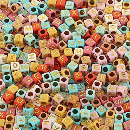 Song Xi 1200Pcs Colorful Square Acrylic Alphabet Beads 6x6mm Golden Letter Beads, Cube Beads, A-Z Cute Beads for Bracelets, Necklace and Jewelry Making