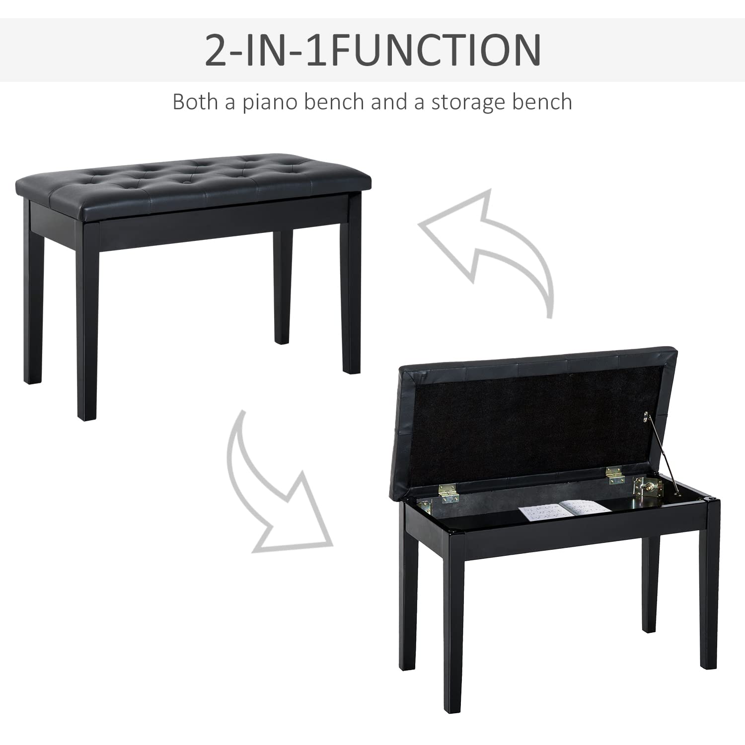 HOMCOM Banquette Tabouret siège pour Piano avec Coffre Noir | Pied Bois Caoutchouc, Assise Capitonnée, Revêtement Synthétique