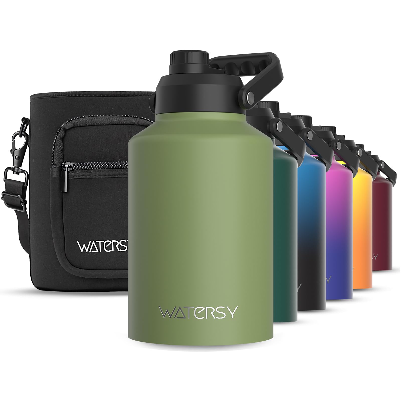 WATERSY 1 Gallon Water Bottle Insulated(Cold for 48 Hrs),BPA Free&amp;Leak Proof,128oz Stainless Steel Water Jug,Big thermo,Large Water Bottle with Handle for Gym,Hiking,Camping&amp;Travel,Olive Green