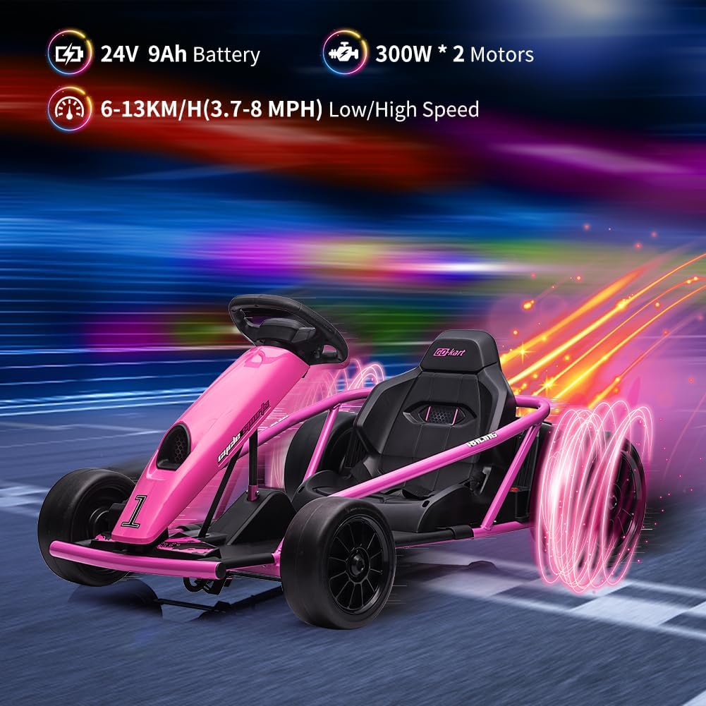 Kinder Elektro Go-Kart 24V - Elektroauto Mit Driftfunktion, 2x300W Hochleistungsmotoren, Bis 13 Km/h, 9Ah Akku, Soft-Start, Musik & Hupe, Vollmetallrahmen, Extra Breiter Sitz - Für 8-12 Jahre, Rosa
