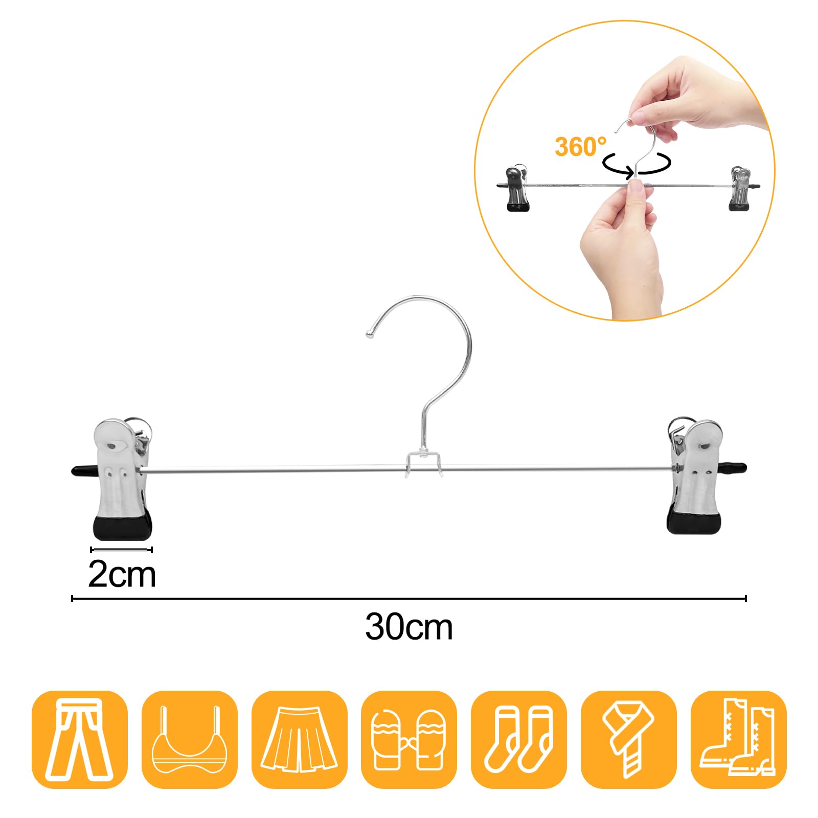 Fousenuk 10 Pcs Perchas para Pantalones 30cm, Metal Perchas con Pinzas Clips Antideslizantes, Revestimiento de Metal Cromado para Pantalones Shorts Faldas Calcetines y Ropa Interior, Ahorra Espacio